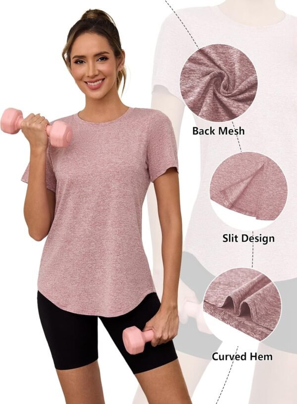 Gyabnw T-Shirt Sport à Manche Courte Tee Shirt Femme Fitness Col Rond Devant et Dos en Maille Légère et Respirante Séchage Rapide Adapté au Fitness,à la Course,au Pilates,Yoga et à d'autres Occasions – Image 2