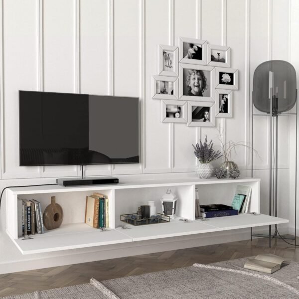 [en.casa] Meuble TV Mural Support Télé Suspendu avec Étagères Fermées Espace de Rangement Flottante pour Salon Banc Télévision Panneau de Particules 180 x 31 x 29,5 cm Blanc – Image 2