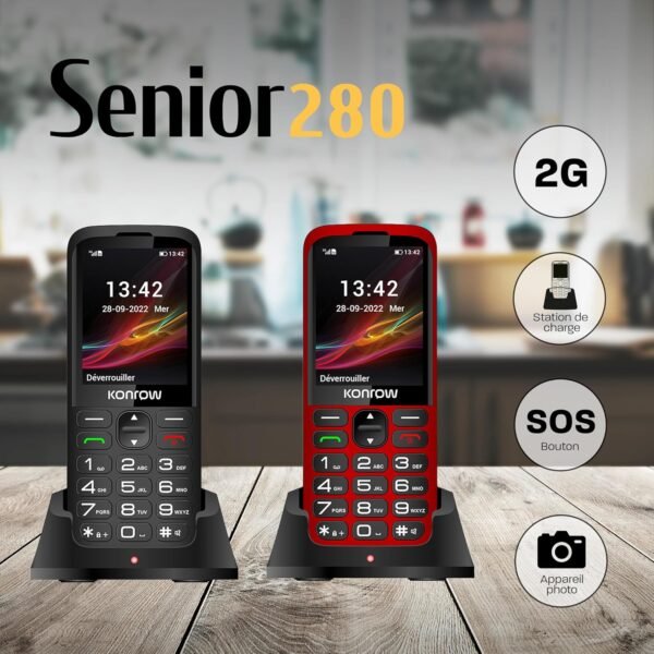 Konrow Senior 280 - Grosses Touches - Très Facile d'Utilisation - Écran 2,8'' Lisibilité Optimale - Double Sim - Station de Charge - Bouton SOS - Appareil Photo et Bluetooth - 32Mo RAM - Noir – Image 4