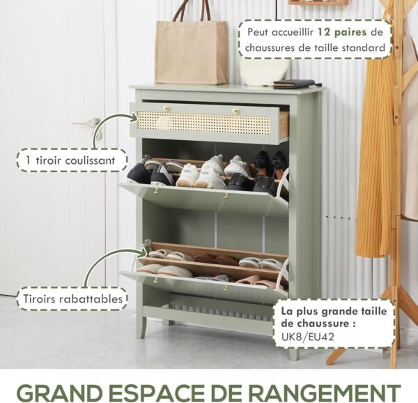 HOMCOM Meuble à Chaussures, 2 Portes battantes, 2 tiroirs réglables, bohème Chic en Bois Effet rotin – Image 4