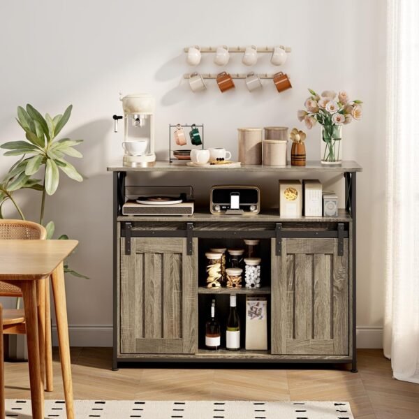 Blishom Buffet de Cuisine avec 2 Portes Coulissantes - Armoire de Rangement avec Étagères Réglables, 100 x 33 x 80 cm, pour Salon, Cuisine et Couloir, Gris – Image 9