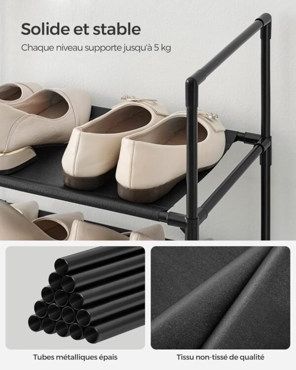 SONGMICS Étagère à Chaussures, 10 Niveaux, Rangement de Chaussures, étroit, 28 x 45 x 173 cm, Structure en métal, étagères en Tissu Non tissé, pour Couloir, Chambre à Coucher, Noir LSH010B02 – Image 5