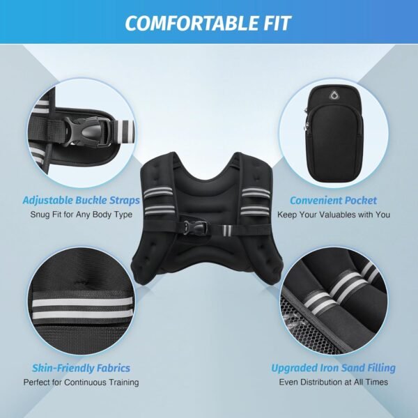 ZELUS Gilet lesté, 2,7 kg/3,6 kg/5,4 kg/7,3 kg/9,1 kg/11,3 kg/13,6 kg avec bande réfléchissante pour l'entraînement, la musculation, la course, le fitness, le renforcement musculaire, la perte de – Image 2