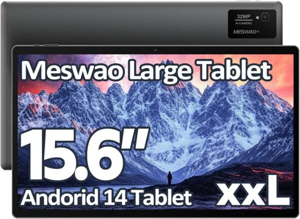 MESWAO 15.6 Pouces Tablette, Mes-B3 Grande Tablette Tactile avec écran IPS, Helio G99 Octa-Core, 6 Go RAM 128Go ROM(1TB TF), 12000 mAh, Android 13, BT 5.0, WiFi, Caméra de 32 MP