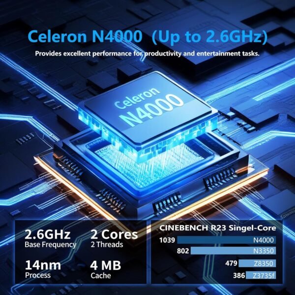 Ekonavi Ordinateur Portable 14,1 Pouces, Notebook Celeron N4000 SSD 256 Go RAM LPDDR4 6 Go, PC Portable écran FHD 180 °, Laptop avec Mini-HDMI, 2 * USB3.0 Ordinateur PC Mince et léger argenté – Image 2