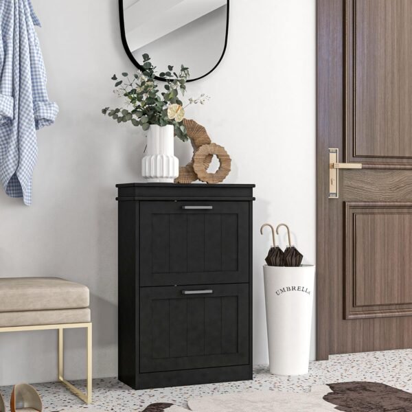 HOMCOM Meuble à Chaussures, Armoire à Chaussures, 2 Portes abattants, étagères réglables, pour entrée, Couloir, 54 x 24 x 82,5 cm, Noir – Image 2