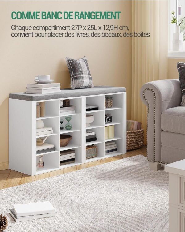Hzuaneri Banc à Chaussures, Support à Chaussures avec Siège, Banc avec Rangement, Coussin, 16 Compartiments, pour Salon, Couloir, Chambre, Blanc-Gris SB25603GY – Image 4