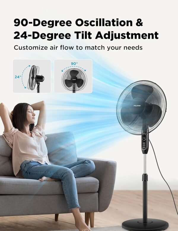 PELONIS Télécommande sur pied de 40,6 cm, ventilateur oscillant, minuterie de 7 heures, 3 vitesses et hauteur réglable, PFS40A4BBB, moteur AC de 40,6 cm, noir – Image 4