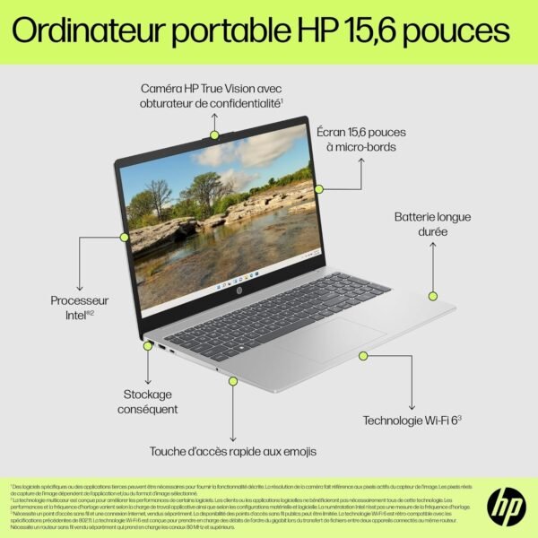 HP 15-fd0004sf Ordinateur Portable 15,6" FHD, PC Portable (Intel Core i3-N305, RAM 8 Go, SSD 512 Go, Intel UHD Graphics, Windows 11), Laptop Argent, Clavier AZERTY – Image 5