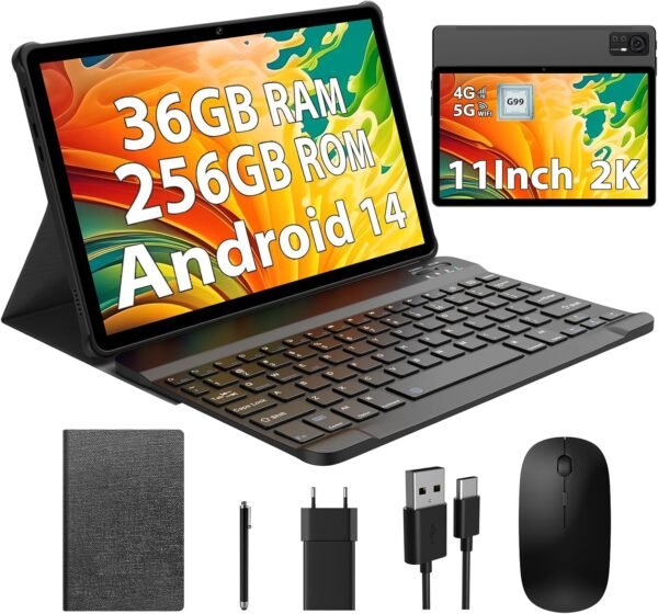 BEYNIVAN Tablette 11 Pouces Android 14 tablettes tactiles Con 4G LTE /5G WiFi, 36GB RAM+256GB ROM,9580mAh,Face ID,TÜV,GMS,GPS,BT5,Tablette avec Clavier détachable,Noir