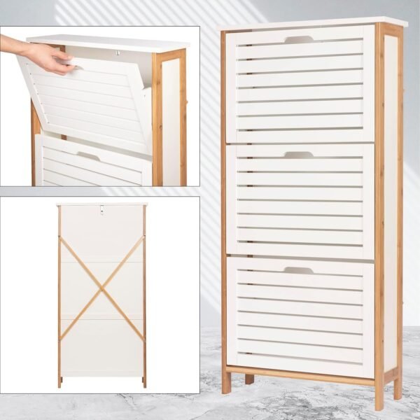 ONVAYA® Armoire à chaussures en bambou blanc - Peu encombrant avec 3 rabats - Meuble à chaussures étroit avec espace pour 9 paires de chaussures - Matériau robuste avec découpes pour la circulation de – Image 7