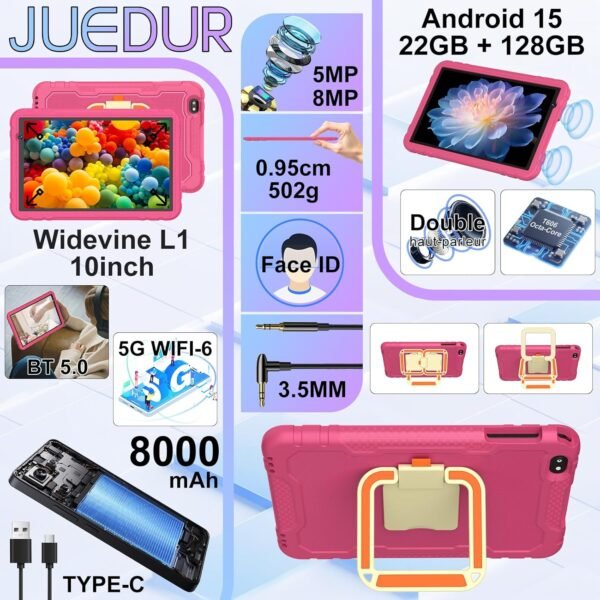 JUEDUR Android 15 Tablette Enfants 10 Pouces, 22Go RAM+128Go ROM(TF 1To), Octa-Core, 8000mAH, WiFi 6, 5+8MP, Contrôle Parental, avec EVA Étui de Protection Antichoc, 360° Rotatif Support （Rouge ） – Image 2