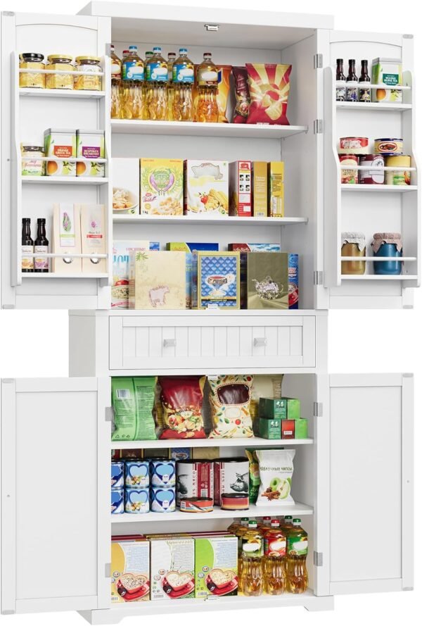 VASAGLE Buffet Haut Cuisine, Meuble de Rangement, Armoire, Vaisselier, Hauteur 182,1 cm, avec Tiroir, Placards, Étagères Réglables, pour Salon, Cuisine, Blanc BBC561W21