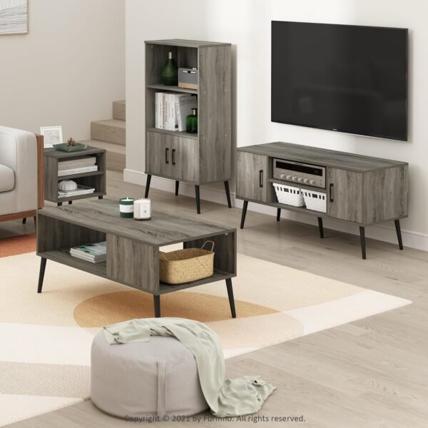Furinno Claude Meuble TV de Style Milieu du Siècle avec Pieds en Bois, pour Téléviseur Jusqu'à 50 Pouces, Deux Armoires, Engineered Wood, Chêne Français Gris, Two Cabinets – Image 4