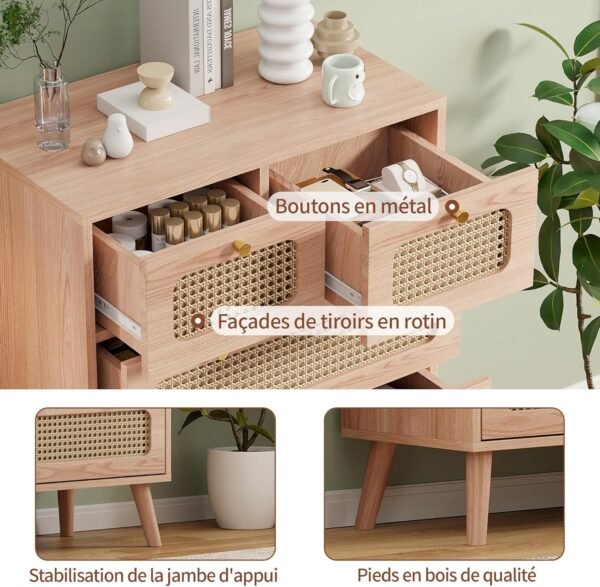 Commode 5 Tiroirs,Commode Rotin avec Pieds en Bois,Meuble a Tiroirs Rangement,60 x 34 x 91 cm,pour Chambre à Coucher,Salon – Image 4