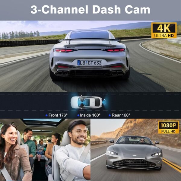 SHRINLUCK X5 4K WiFi Dashcam Voiture Avant Arrière Intérieur, Carte SD 64G, 2160P+1080P+1080P FHD 3 Canaux Dash Cam,Camera Voiture Triple 360° Tous Côtés,G-Capteur,WDR,Vision Nocturne,24H Mode Parking – Image 4