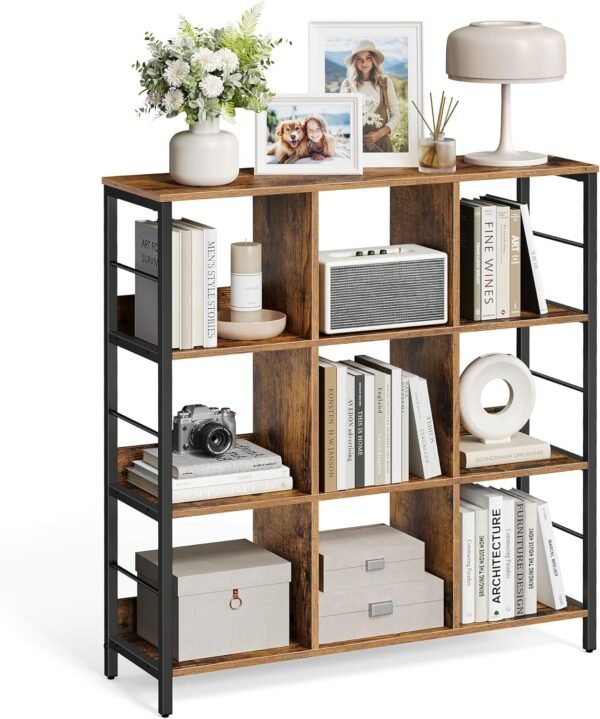 VASAGLE Meuble de Rangement 3 Niveaux, ÉtagÈre Rangement, BibliothÈque Style Industriel, 9 Cubes, pour Salon, Bureau, EntrÉe, Cuisine, 30 x 100 x 103,1 cm, Marron Rustique et Noir LLS112B01
