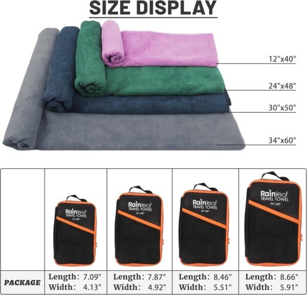 Rainleaf Serviette de voyage en microfibre à séchage rapide, ultra compacte, super absorbante, débarbouillettes pour salle de bain, douche, camping, randonnée, gris, 61 x 121,9 cm – Image 3