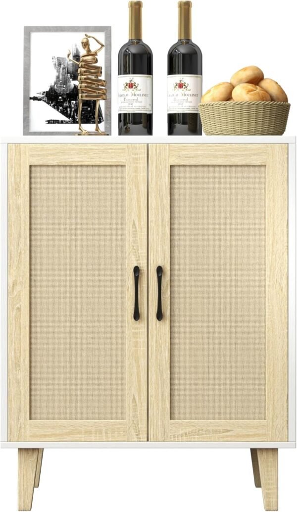 Panana Meuble de Rangement en Rotin et MDF, Buffets Haut Aspect sur Salon, Chambre, 69 x 38 x 88 cm (Blanc et Bois) – Image 6
