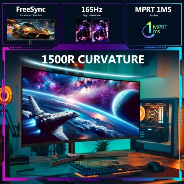 Z-Edge Écran PC Gamer Incurvé 34'', 3440x1440, 165Hz, 1ms, Hauteur & Inclination Réglable, Moniteur Ultrawide 21:9 avec DP Câble, FreeSync, 1500R VA, 2*HDMI2.0& 2*DP1.4, RGB, VESA 100 * 100mm – Image 2