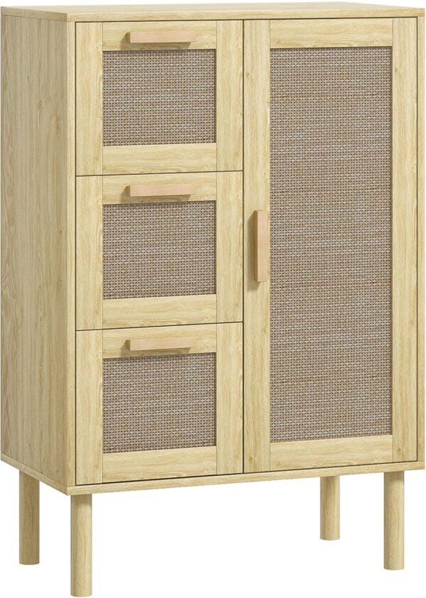 HOMCOM Meuble Salle de Bain, Meuble de Rangement avec tiroir, Placard, étagères réglables et Porte à rotin, Armoire pour Salle de Bain Salon Cuisine, Style bohème, 55 x 30 x 82 cm, chêne