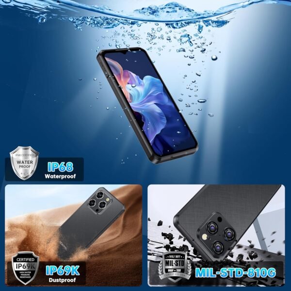 OUKITEL WP52 Téléphone Incassable 5G - 16 Go+256 Go(TF 2TB) Android 14 Téléphone Portable Incassable,6,58 Pouces MTK Dimensity 6100+ 6500mAh Smartphone Incassable,48MP/Dual SIM/IP68/NFC/OTG/GPS Blue – Image 6