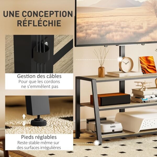 HOMCOM Meuble TV avec Support orientable 35°, Meuble télé pour téléviseurs de 32-70 Pouces, étagères Ouvertes, Banc TV Industriel pour Salon Chambre à Coucher, 108x41x135cm, Effet Bois Naturel – Image 6