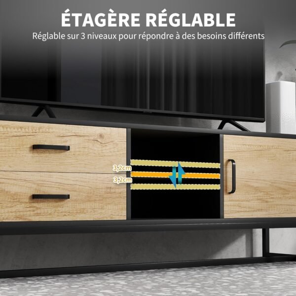 HOMCOM Meuble TV Meuble télé Bois Banc TV pour téléviseur jusqu'à 60 Pouces avec Placard, Compartiments Ouverts, 2 tiroirs, étagère réglable et Passe-câbles pour Salon Chambre à Coucher, Bois Naturel – Image 8