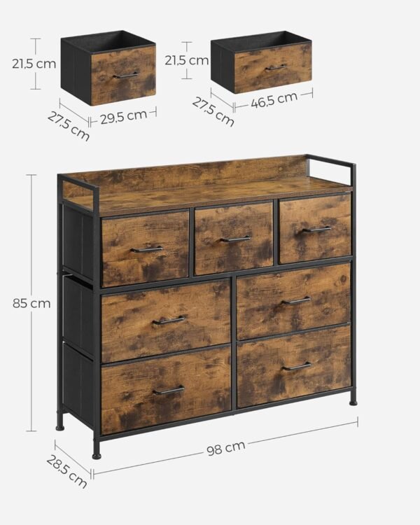 SONGMICS Commode, Armoire, Meuble de Rangement, 7 Tiroirs en Tissu avec Poignées, Cadre en Métal, Style Moderne, Marron Rustique et Noir d'Encre LTS137B01 – Image 3