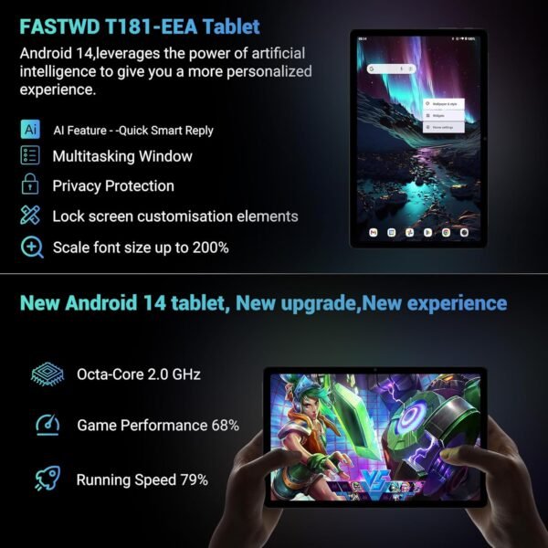 FASTWD Tablette 11 Pouces Android 14 Tablet,2025 Newest Tablette Con 4G LTE /5G WiFi,36GB RAM+256GB ROM,9580mAh,2000 * 1200 incell FHD,Widevine L3,GPS/BT5/Tablette avec étui,Gris – Image 3