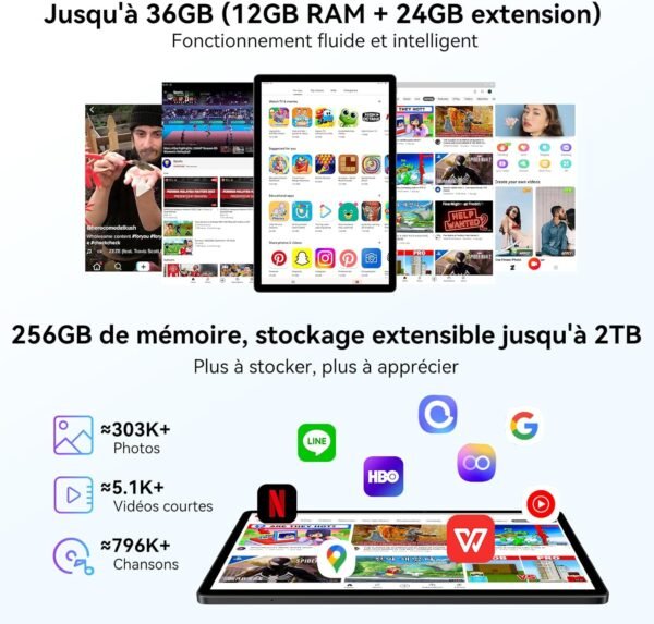 Blackview Mega8 Tablette 13 Pouces Android 15, 90Hz 2K Tablette Tactile, 2.2GHz Octa-Core T620 Tablettes Gaming, 12Go RAM + 256Go ROM/2To TF, 4G LTE SIM, 11000mAh/50MP + 13MP/Gemini AI2.0/Widevine L1 – Image 3