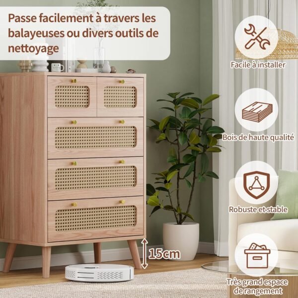 Commode 5 Tiroirs,Commode Rotin avec Pieds en Bois,Meuble a Tiroirs Rangement,60 x 34 x 91 cm,pour Chambre à Coucher,Salon – Image 7
