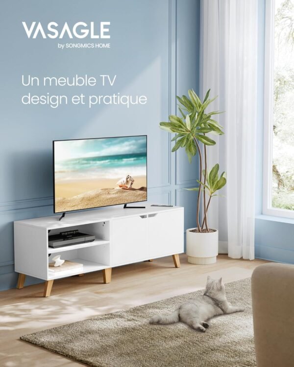 VASAGLE Meuble TV 2 Portes, Support Télé avec Étagères Réglables, Longueur 140 cm, pour Télévisions 60 Pouces, Salon, Salle à Manger, Chambre, Blanc Neige LTV027T46 – Image 9