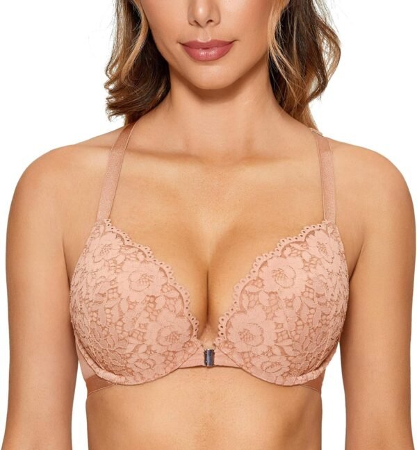 DOBREVA Femme Soutien Gorge Fermeture Devant Push Up Decollete Plongeant avec Armature Dos Nageur Dentelle – Image 2