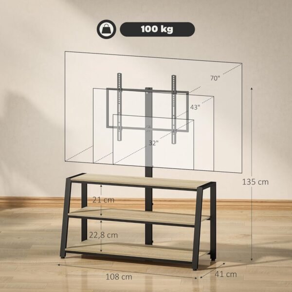 HOMCOM Meuble TV avec Support orientable 35°, Meuble télé pour téléviseurs de 32-70 Pouces, étagères Ouvertes, Banc TV Industriel pour Salon Chambre à Coucher, 108x41x135cm, Effet Bois Naturel – Image 7