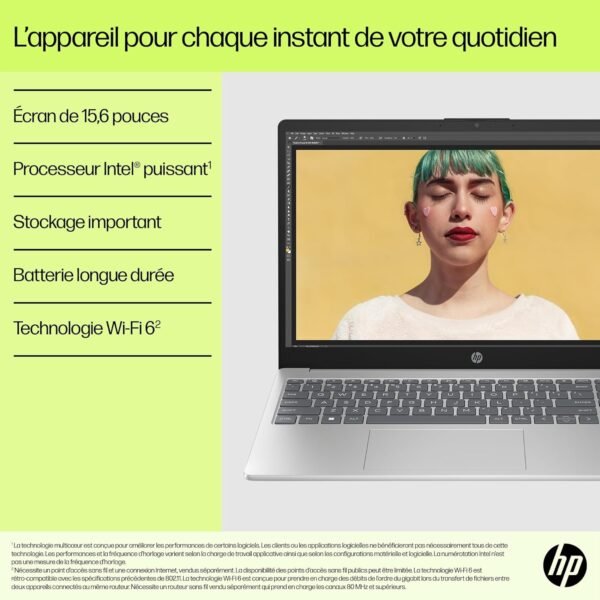 HP 15-fd0004sf Ordinateur Portable 15,6" FHD, PC Portable (Intel Core i3-N305, RAM 8 Go, SSD 512 Go, Intel UHD Graphics, Windows 11), Laptop Argent, Clavier AZERTY – Image 6