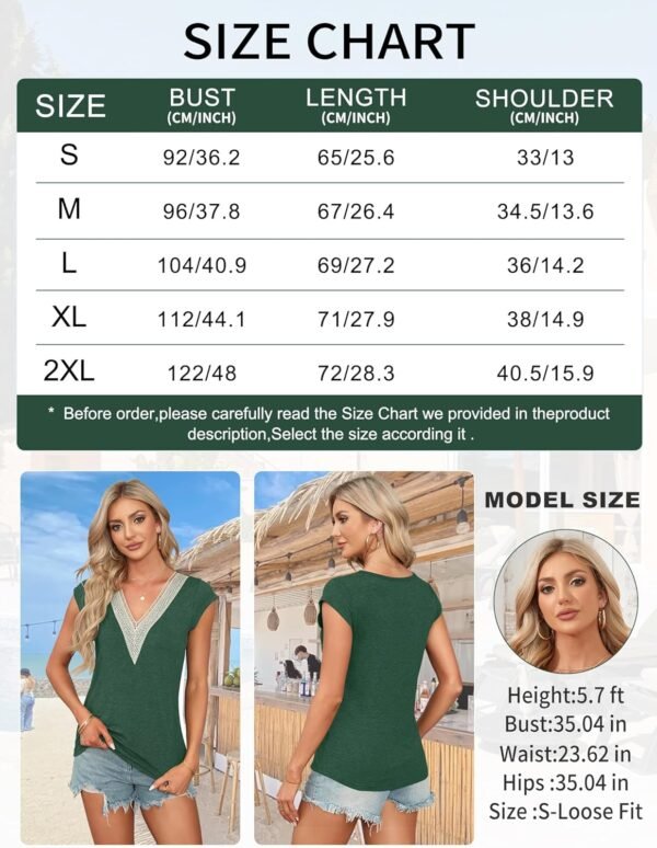 PLOKNRD T-Shirt D'été à Manches Courtes pour Femme Col en V et Élégant Décolleté Dentelle Été Top Lâche Classique – Image 6