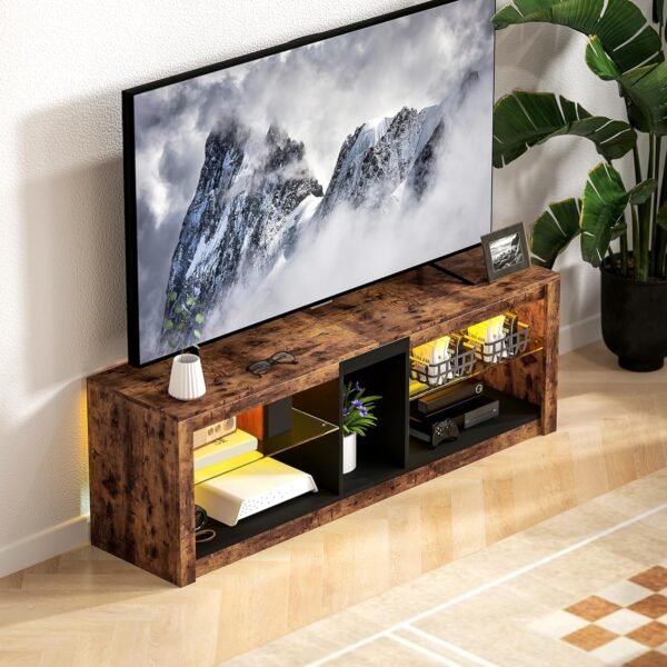 HOMCOM Meuble TV avec lumières LED et télécommande, Meuble télé Bois Banc TV pour téléviseur jusqu'à 65 Pouces avec étagères et Compartiments Ouvert, pour Salon Chambre à Coucher, 140x35x47cm, Marron – Image 5