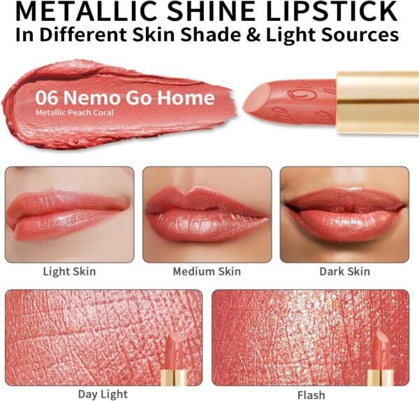 OULAC Métallique Briller Rouge à lèvres Corail, Glitter 3D Longue Durée Haut Pigmenté, Formule Hydratante, Brillant à Lèvres Couvrant Toute la Surface, Vegan 4,3 g (06) – Image 3