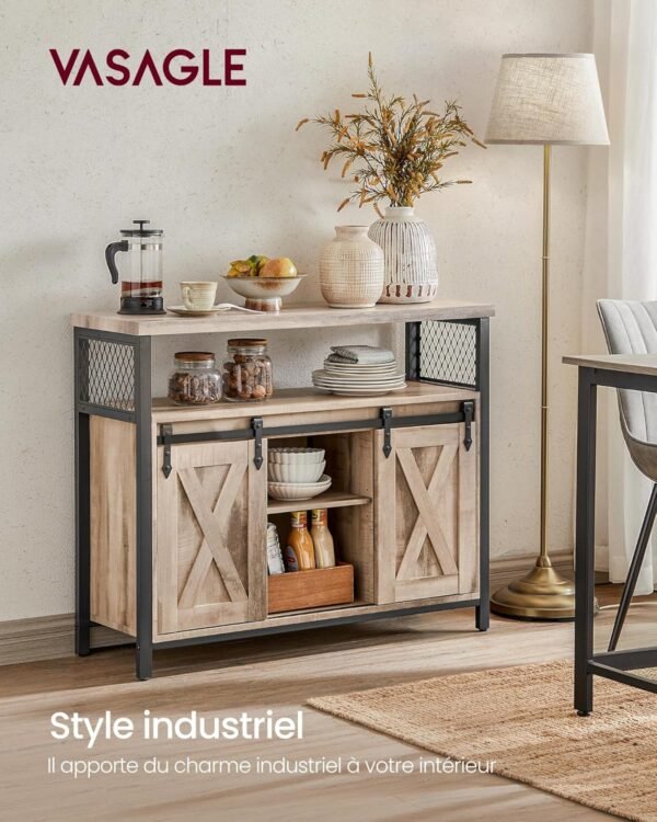 VASAGLE Meuble de Rangement, Buffet Cuisine, Commode, avec 2 Portes Coulissantes, 33 x 100 x 80 cm, Étagères Réglables, pour Salon, Marron Camel et Noir d'encre LSC092B50 – Image 4