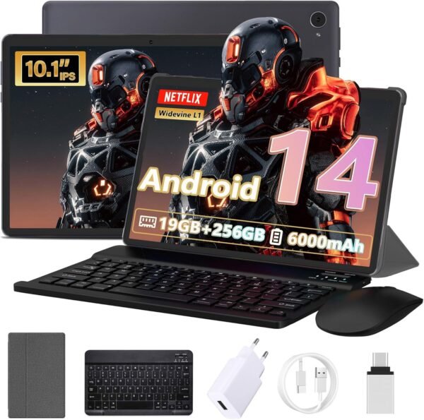 Tablette Tactile10 Pouces 19Go RAM + 256Go ROM (TF Extensible 1To) Android 14 Tablette avec clavier et souris, Écran IPS HD 1080P, 5 Mpx Dual caméra,Wi-Fi,6000mAh, Tablettes performantes 2025 (Gris)