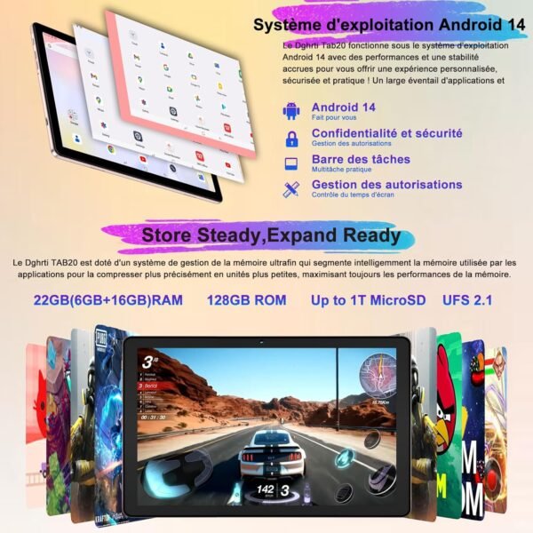 Dghrti 2025 Tablette Tactile 10 Pouces Android 14 Tablet, 22Go+128Go ROM/TF 1TB, 8000mAh, UFS 2.1 Flash, Octa-Core 2.0GHz, WiFi 5G+2.4G, BT5.0, 8MP+5MP, Widevine L1, avec Clavier Souris - Or – Image 3