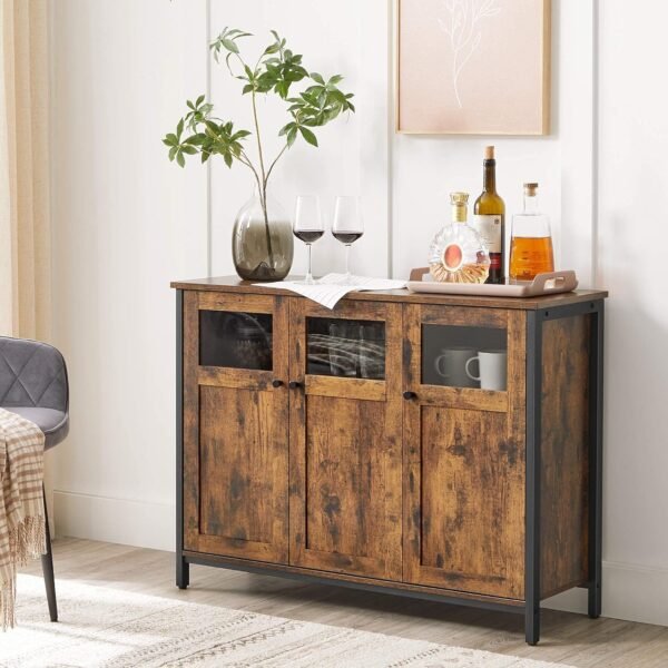 VASAGLE Meuble de Rangement, Buffet, avec Placard 3 Portes, pour Salle à Manger, Salon, Cuisine, entrée, Cadre en Acier, Style Industriel, Marron Rustique et Noir d'encre LSC099B01 – Image 7