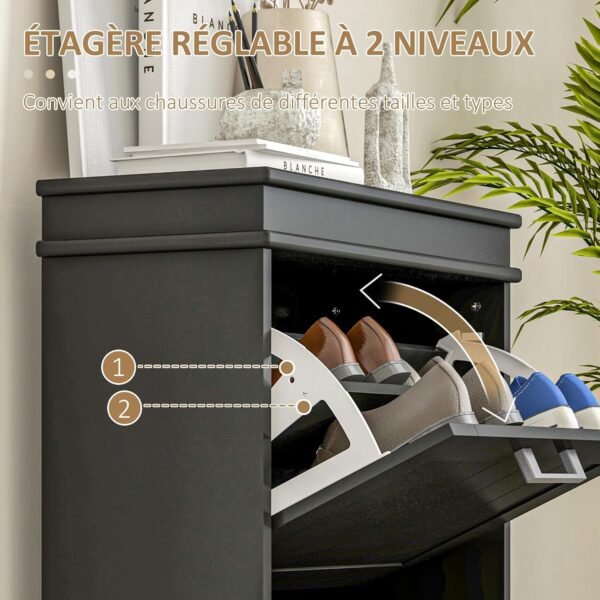 HOMCOM Meuble à Chaussures, Armoire à Chaussures, 2 Portes abattants, étagères réglables, pour entrée, Couloir, 54 x 24 x 82,5 cm, Noir – Image 5