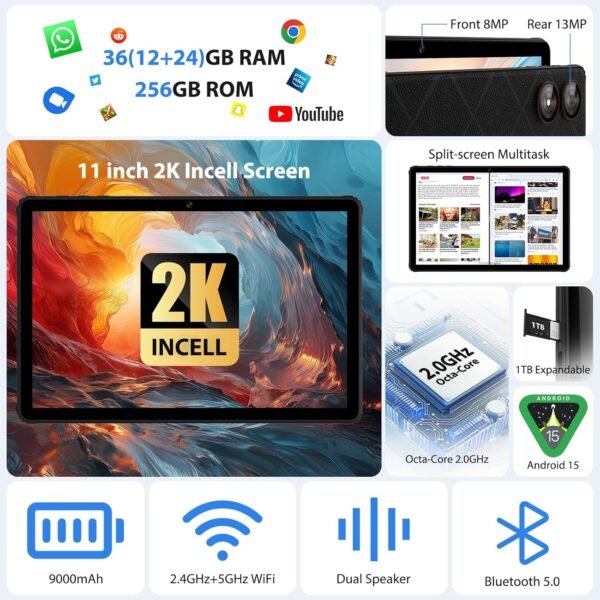 PIXGOOD 2025 Tablette 11 Pouces avec Android 15, 36GB+256GB, INCELL 2000 * 1200, Octa Core, 13MP+8MP, WidevineL1/9000mAh/5G WiFi/BT5.0/OTG/GPS-Tablette avec Clavier (Noir) – Image 2