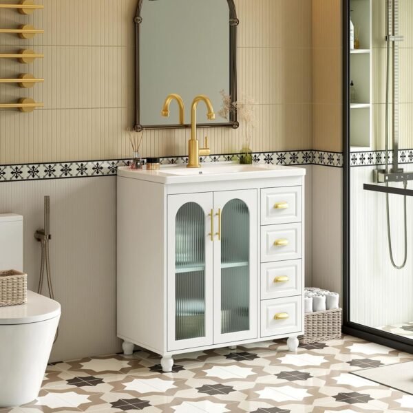 Meuble De Salle De Bain avec 4 Tiroirs Et 2 Porte Vitrée, Étagères Réglables, Meuble sous Vasque Simple 80 cm Vasque en Céramique, Poignée Dorée, Blanc – Image 4