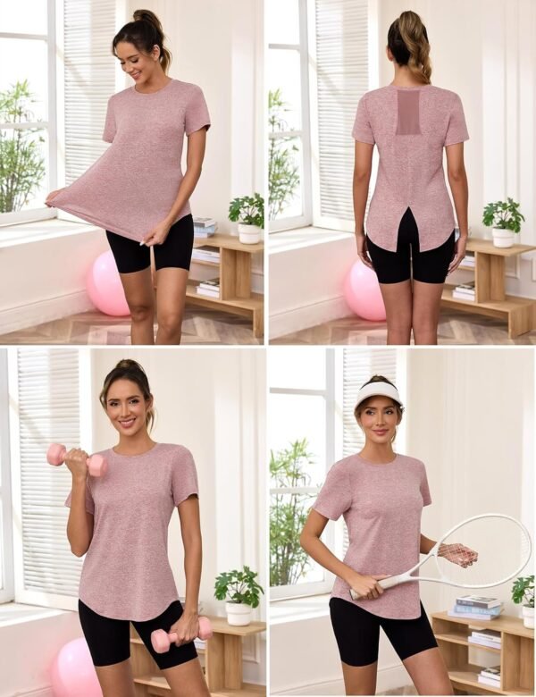 Gyabnw T-Shirt Sport à Manche Courte Tee Shirt Femme Fitness Col Rond Devant et Dos en Maille Légère et Respirante Séchage Rapide Adapté au Fitness,à la Course,au Pilates,Yoga et à d'autres Occasions – Image 4