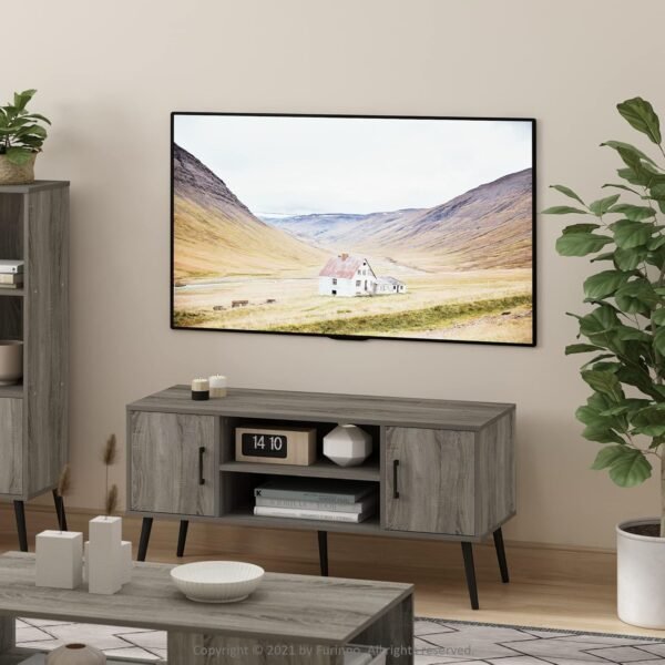 Furinno Claude Meuble TV de Style Milieu du Siècle avec Pieds en Bois, pour Téléviseur Jusqu'à 50 Pouces, Deux Armoires, Engineered Wood, Chêne Français Gris, Two Cabinets – Image 2