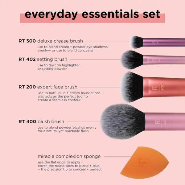 Real Techniques Ensemble de 5 pièces Everyday Essentials +, pinceaux à maquillage et éponge à maquillage, pour fond de teint, fard à joues, poudre bronzante, sans cruauté envers les animaux – Image 4
