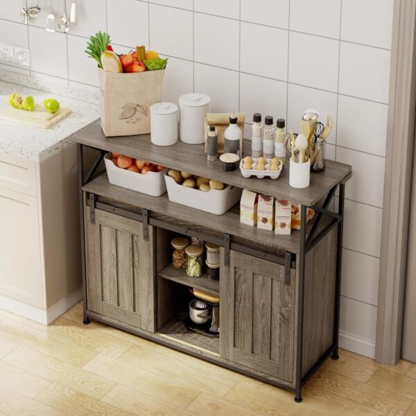 Blishom Buffet de Cuisine avec 2 Portes Coulissantes - Armoire de Rangement avec Étagères Réglables, 100 x 33 x 80 cm, pour Salon, Cuisine et Couloir, Gris – Image 7
